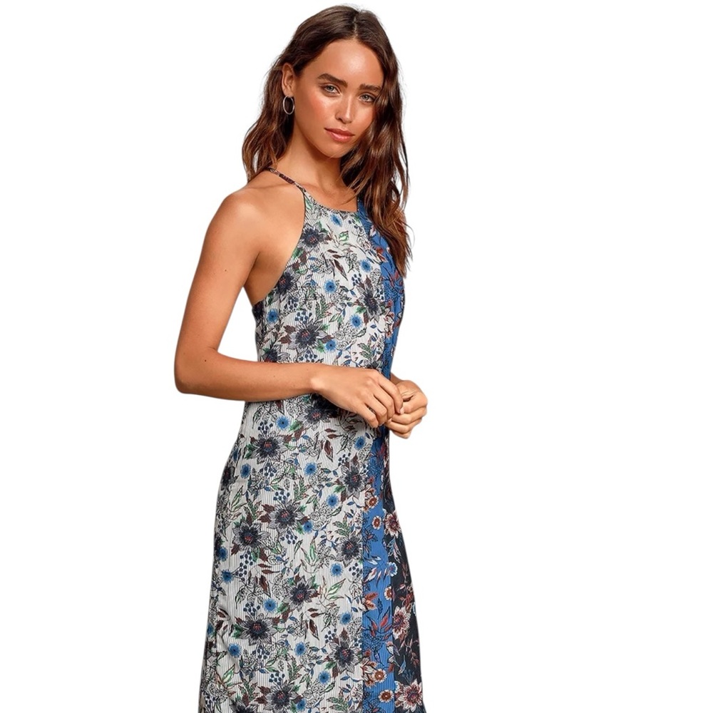 Lulus Floral Satin Blue and White Dress Midi Size Medium